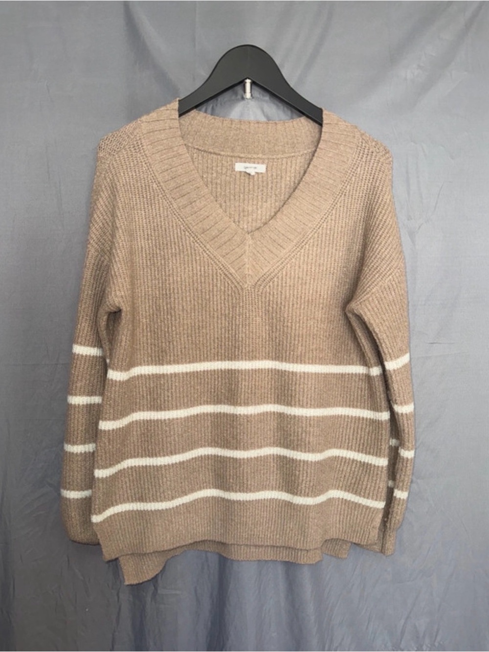 Maurices Taupe V-Neck Sweater with White Stripes